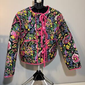 Vibrant Floral Quilted Jacket – Unbranded Boho Paisley Print w/Pink Trim Size XL
